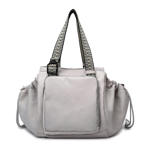 Drawstring Pocket Tote in gray, front view