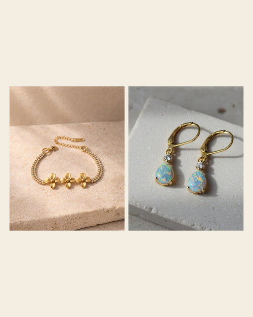 Thank-You Glow Duo: Gold-Tone Flower Bracelet & Opal Teardrops - the pieces together