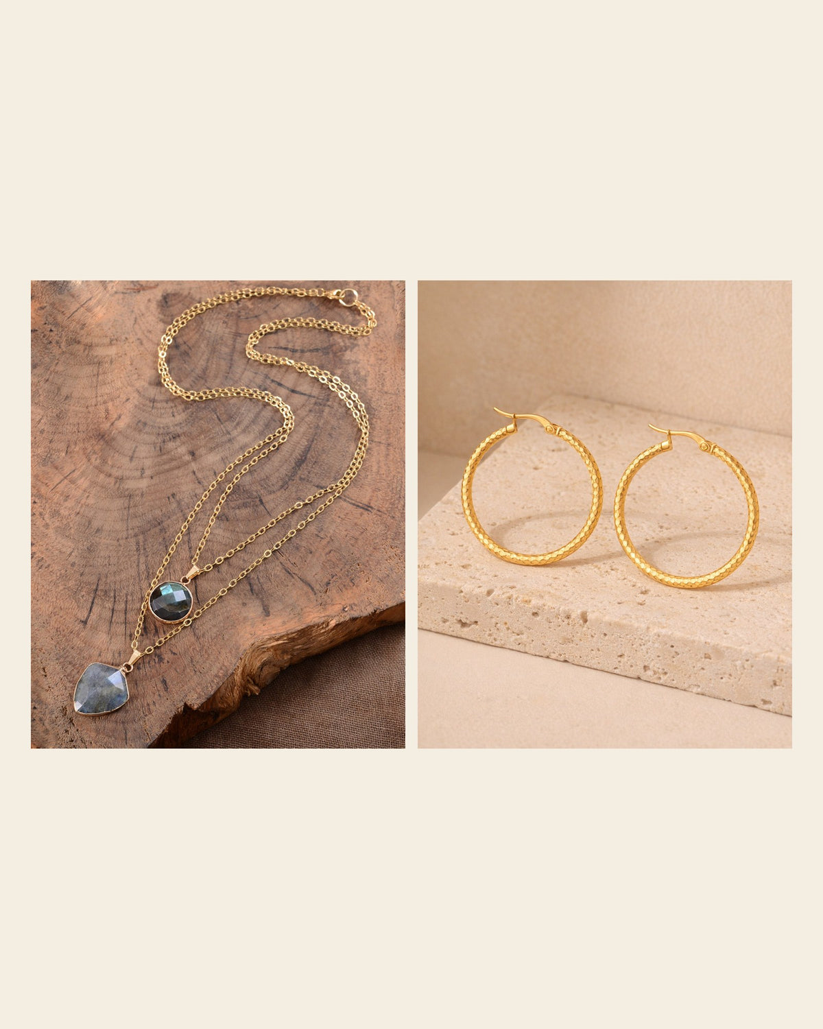 Warm Gold for Mom: Layered Stone Pendants & Embossed Gold-Tone Hoops - the pieces together