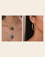 Warm Gold for Mom: Layered Stone Pendants & Embossed Gold-Tone Hoops - worn