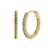 Product photo of the gold-tone huggie hoops with green stones