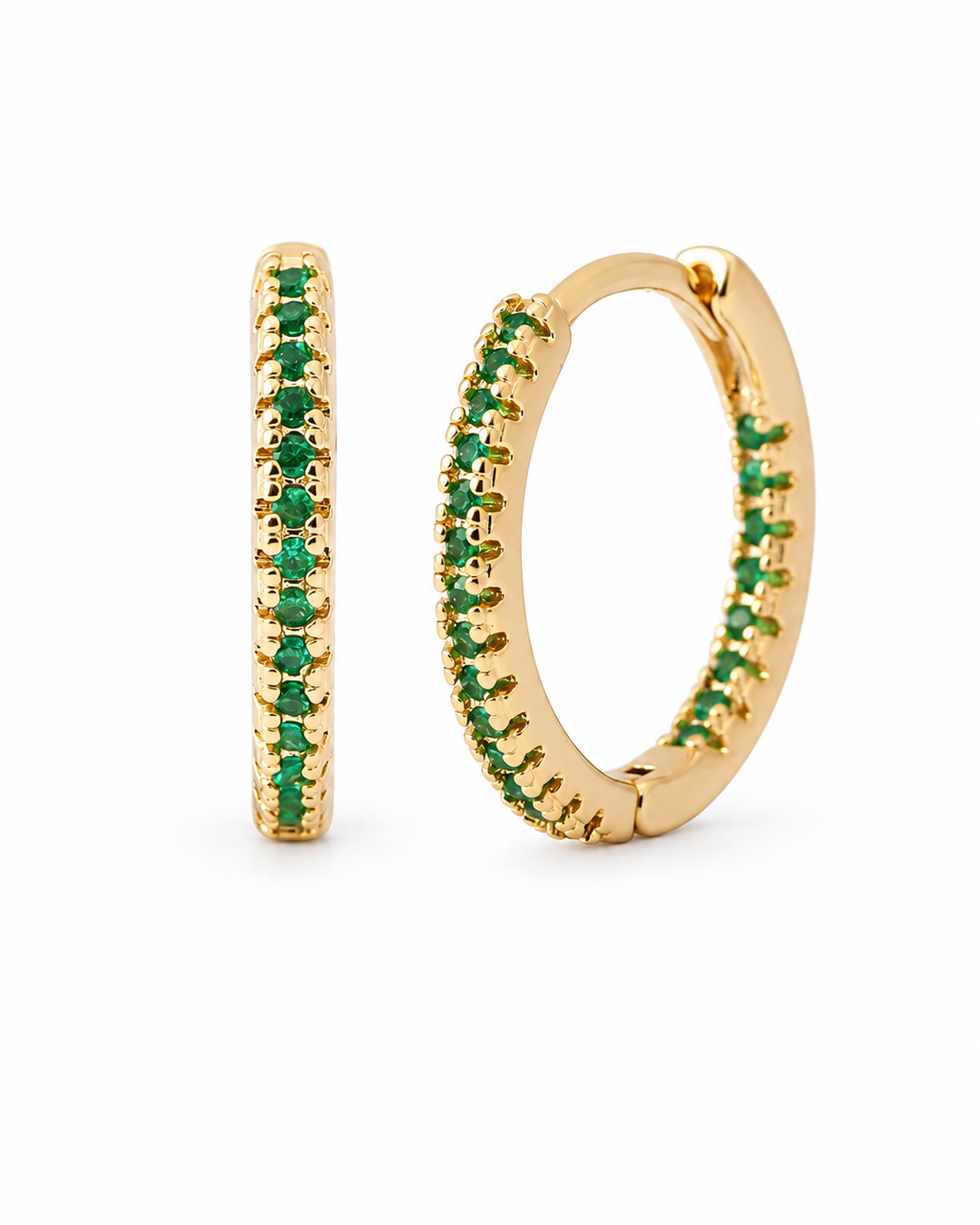 Gold-tone green stone mini hoop earrings on a white background