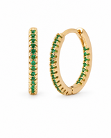 Gold-tone green stone mini hoop earrings on a white background