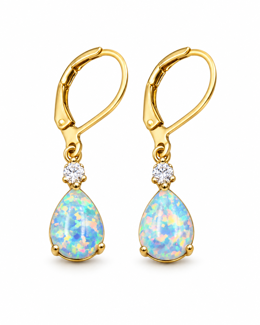 Opal-look teardrop earrings on a white background