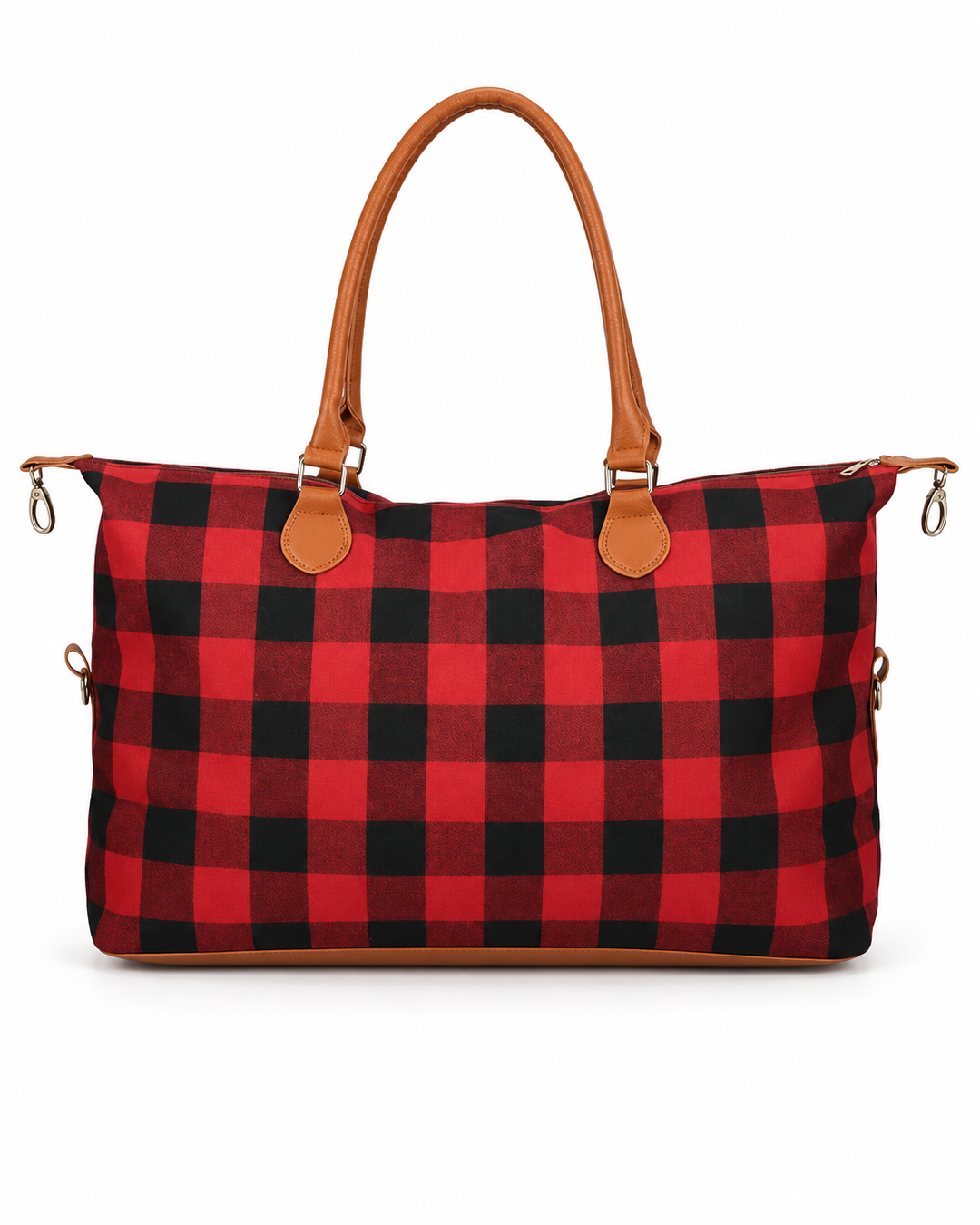Red buffalo check weekender bag on a white background