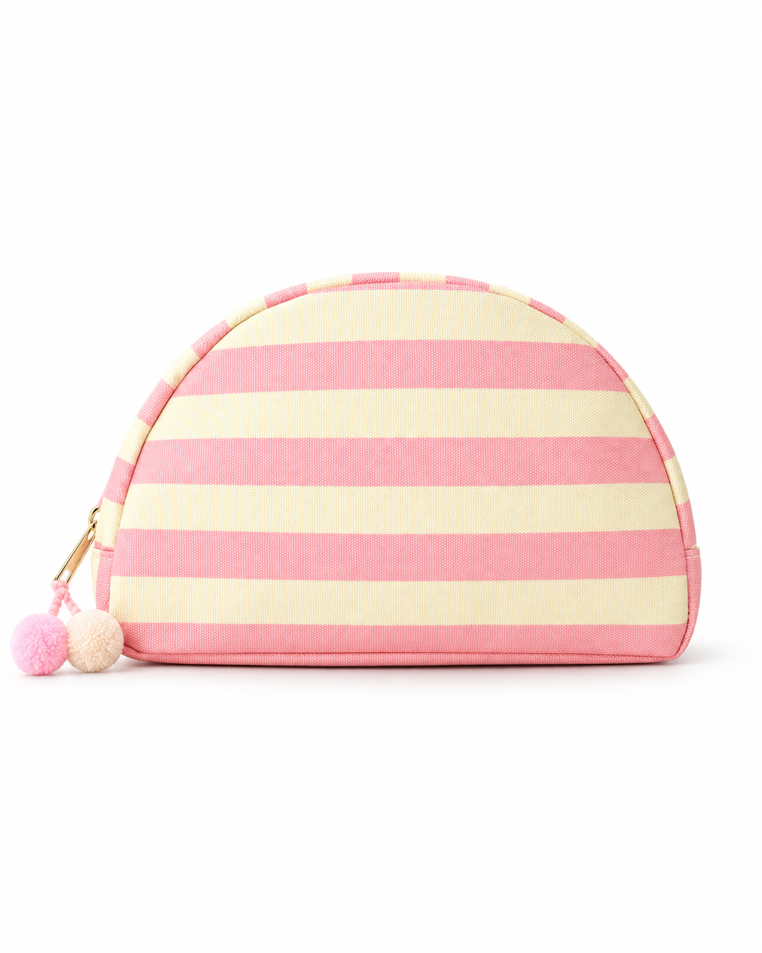 Pink striped canvas pouch on a white background