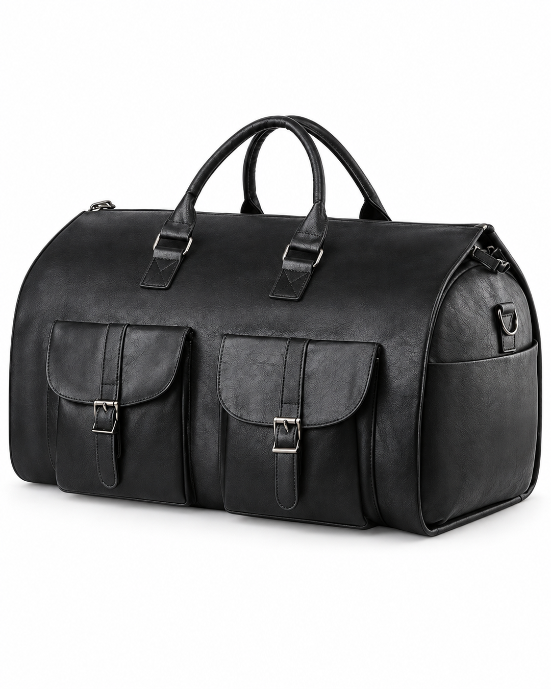 Black folding weekender bag on a white background