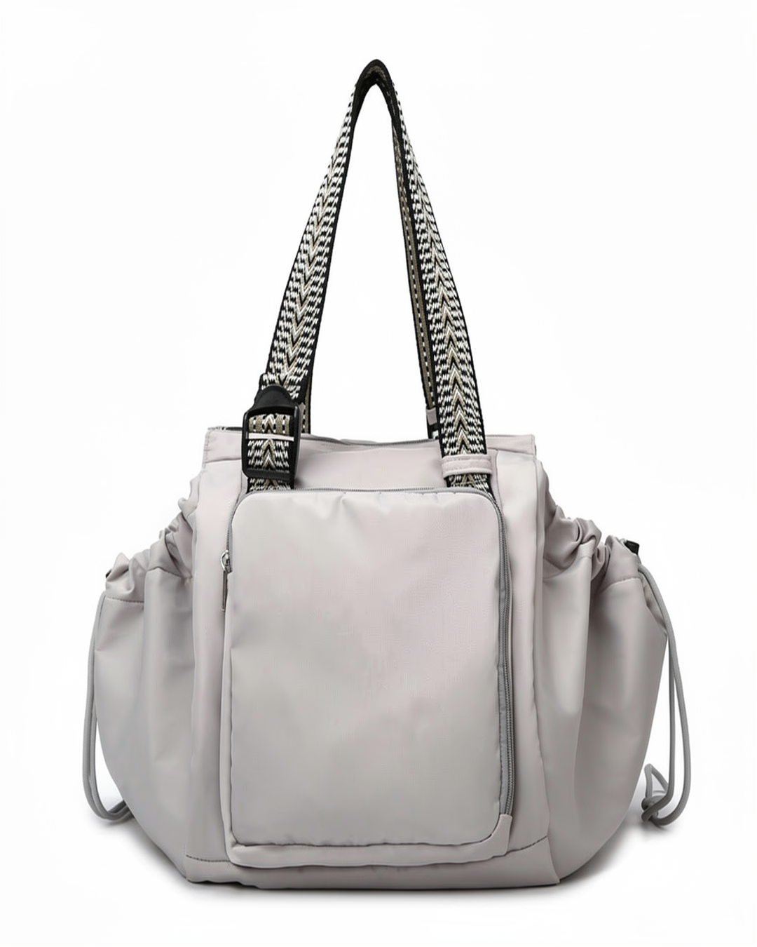 Gray drawstring pocket tote on a white background