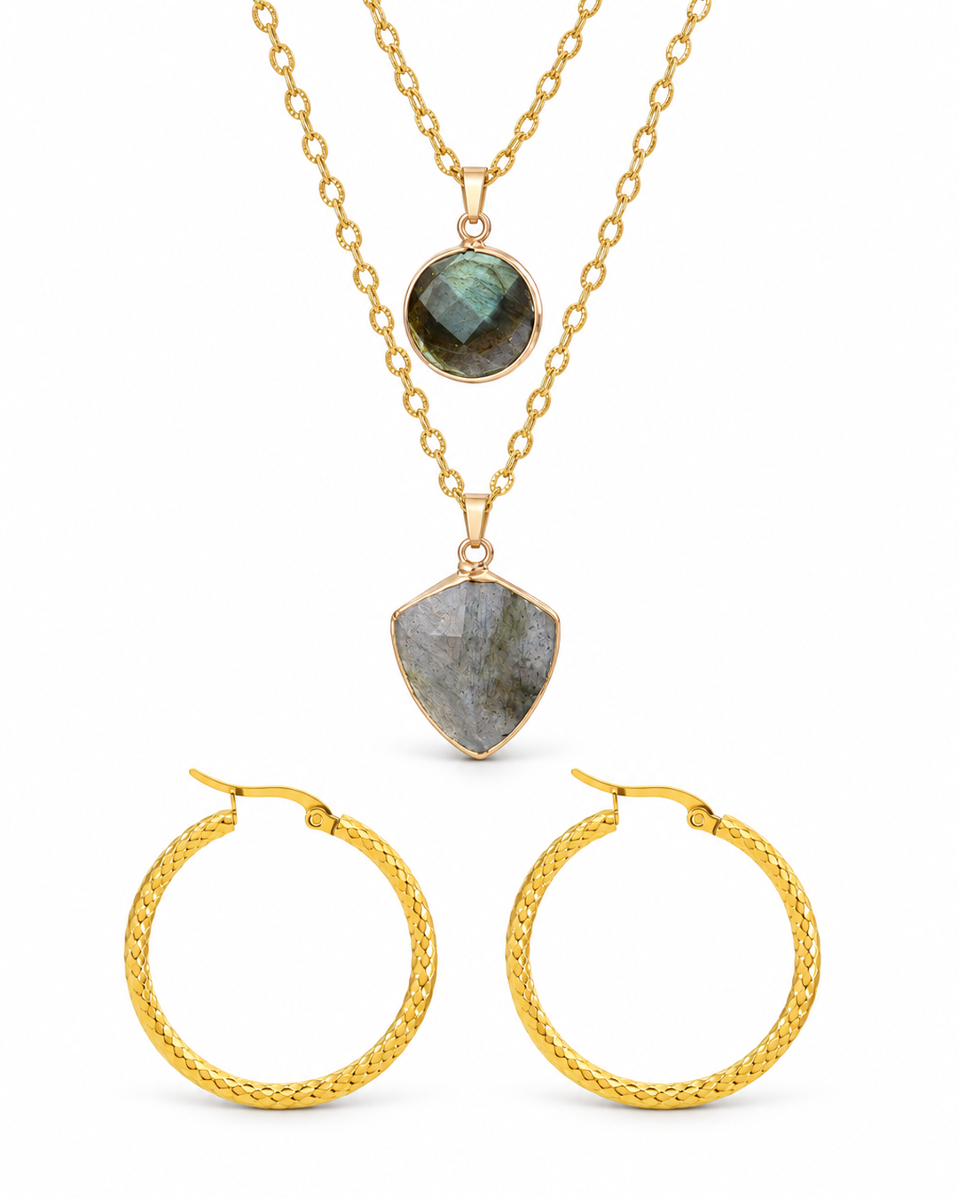 Layered stone pendant necklace and embossed gold-tone hoops on a white background