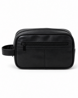 Black faux leather dopp kit on a white background