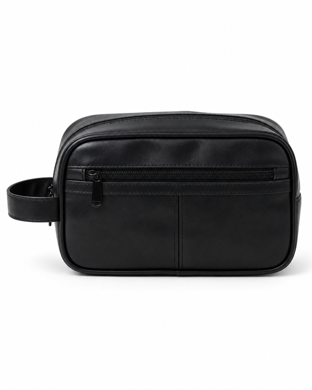Black faux leather dopp kit on a white background