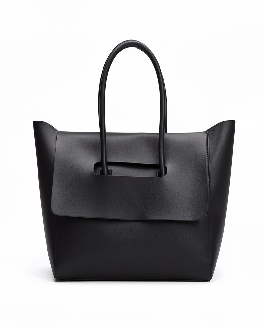 Black structured flap tote on a white background