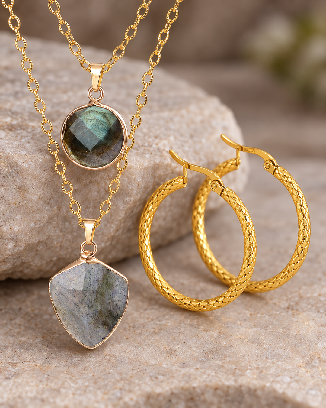 Close-up of the stone pendants and embossed hoops