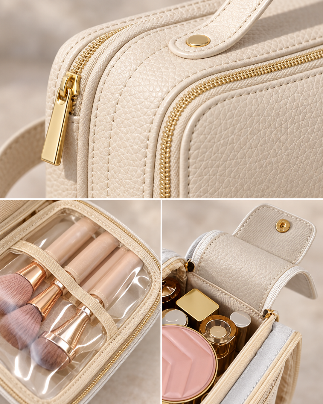 Close-up detail of the hanging toiletry bag