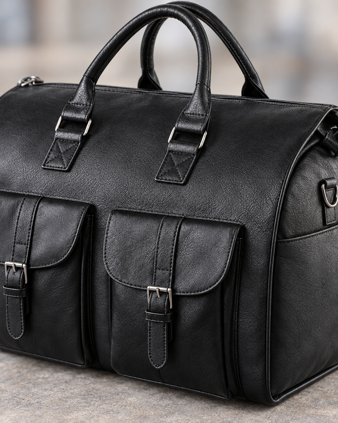 Close-up detail of the black folding weekender bag