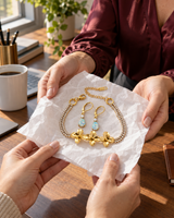 Gold-tone flower bracelet and opal-look teardrop earrings handed to a coworker on tissue paper