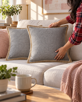 Gray linen pillow covers with jute trim on a light sofa in a living room