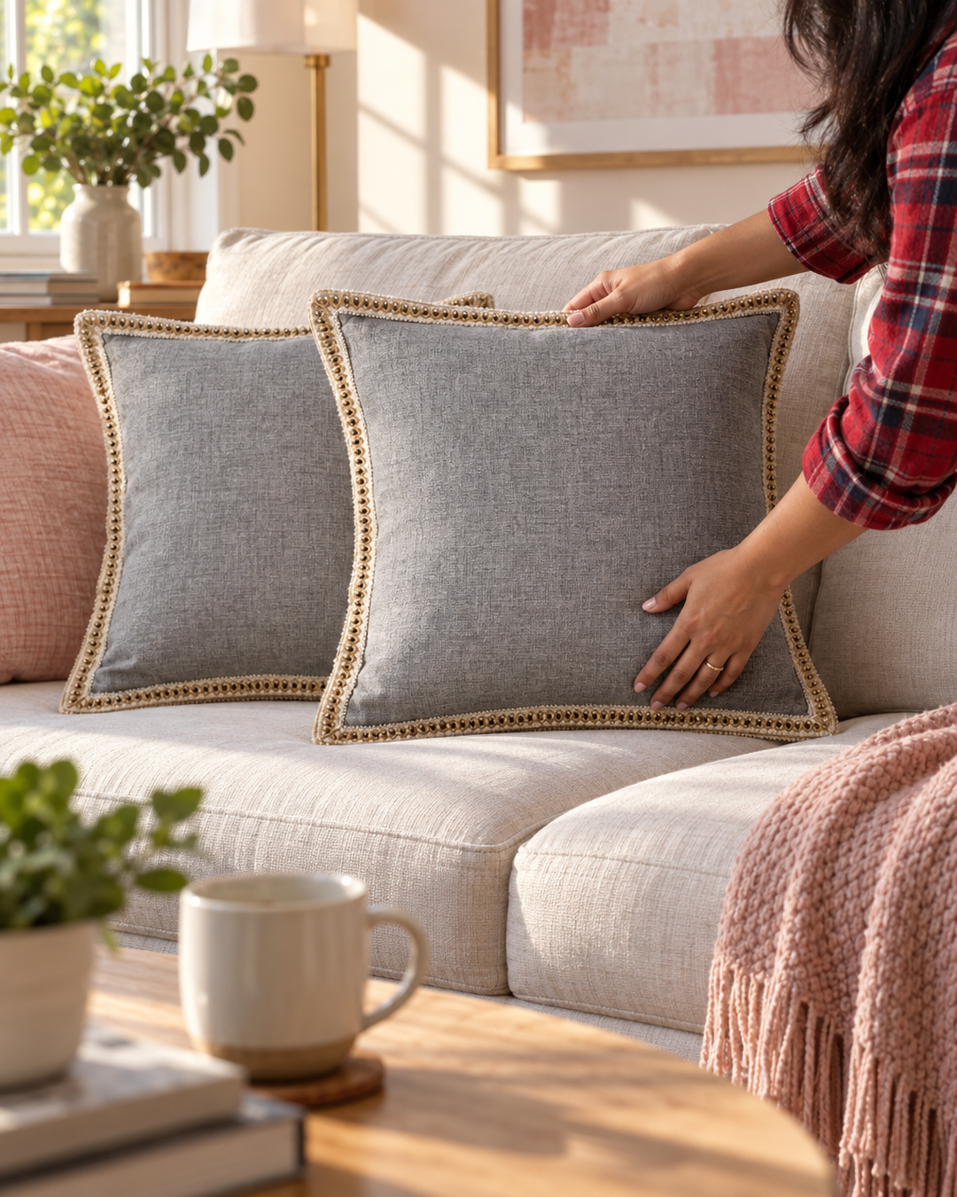 Gray linen pillow covers with jute trim on a light sofa in a living room