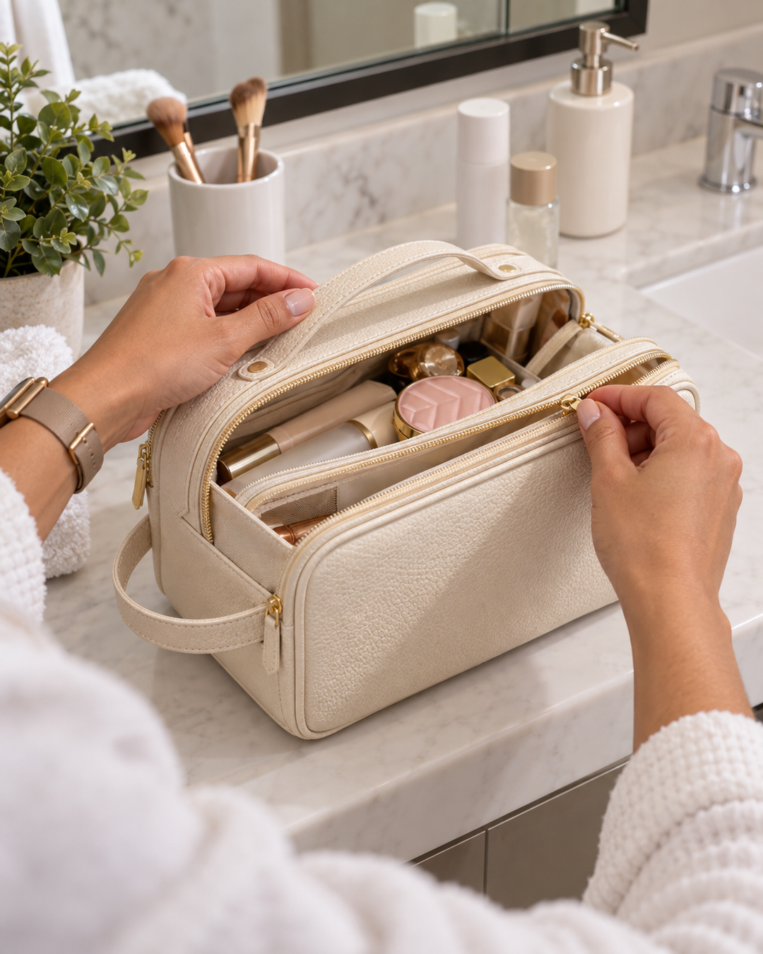 Hanging toiletry bag unzipped on a hotel bathroom vanity