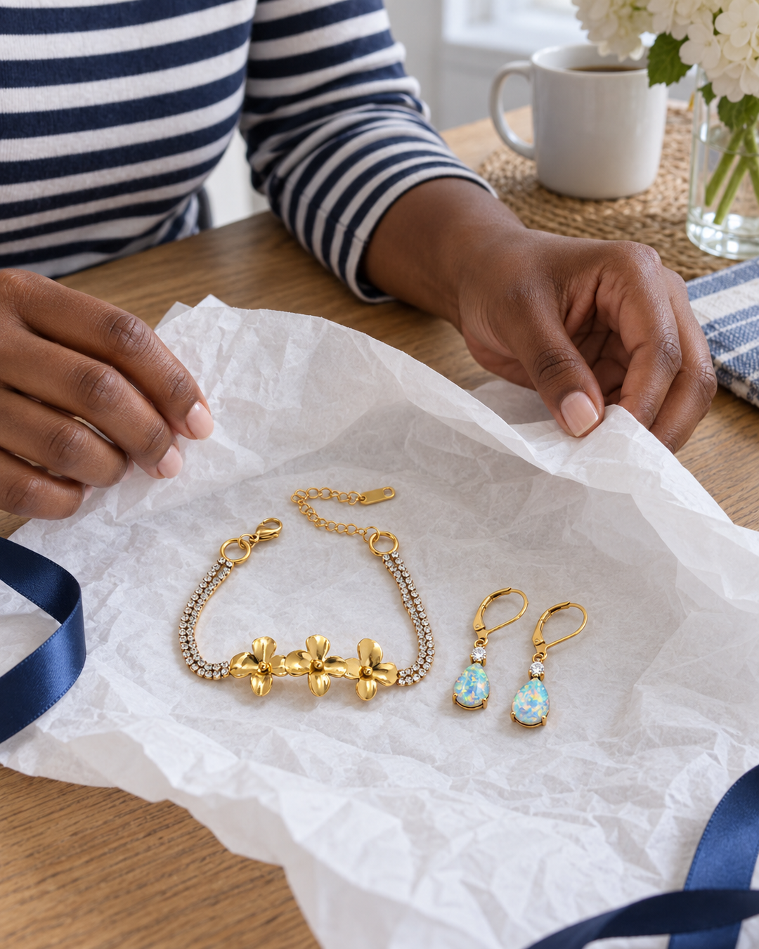 Gold-tone flower bracelet and opal-look teardrop earrings unwrapped from tissue paper on a kitchen table