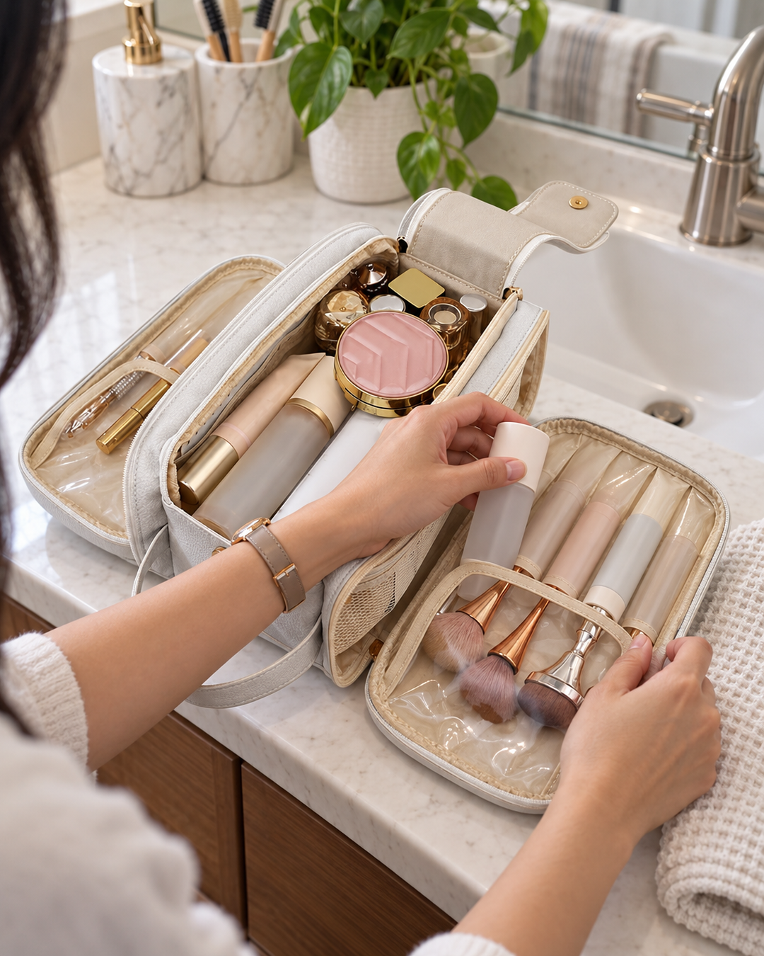 Hanging toiletry bag packed with travel bottles on a bathroom counter