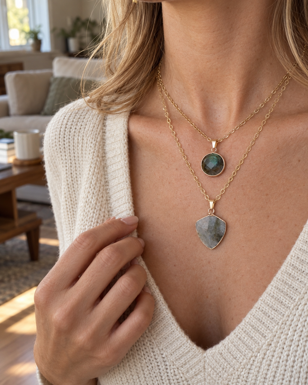 Layered stone pendant necklace worn at the collarbone at home