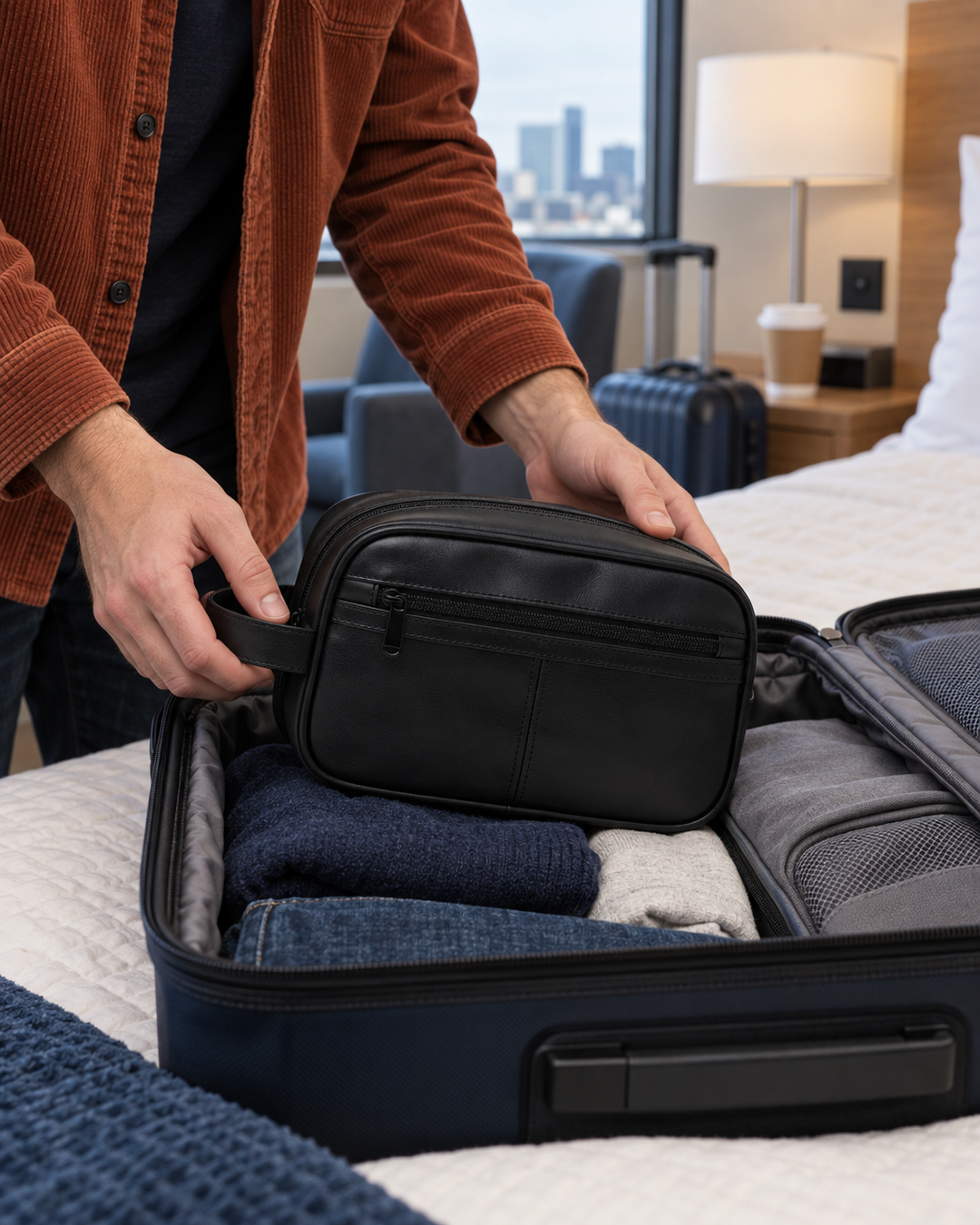 Black faux leather dopp kit packed into a suitcase in a hotel room