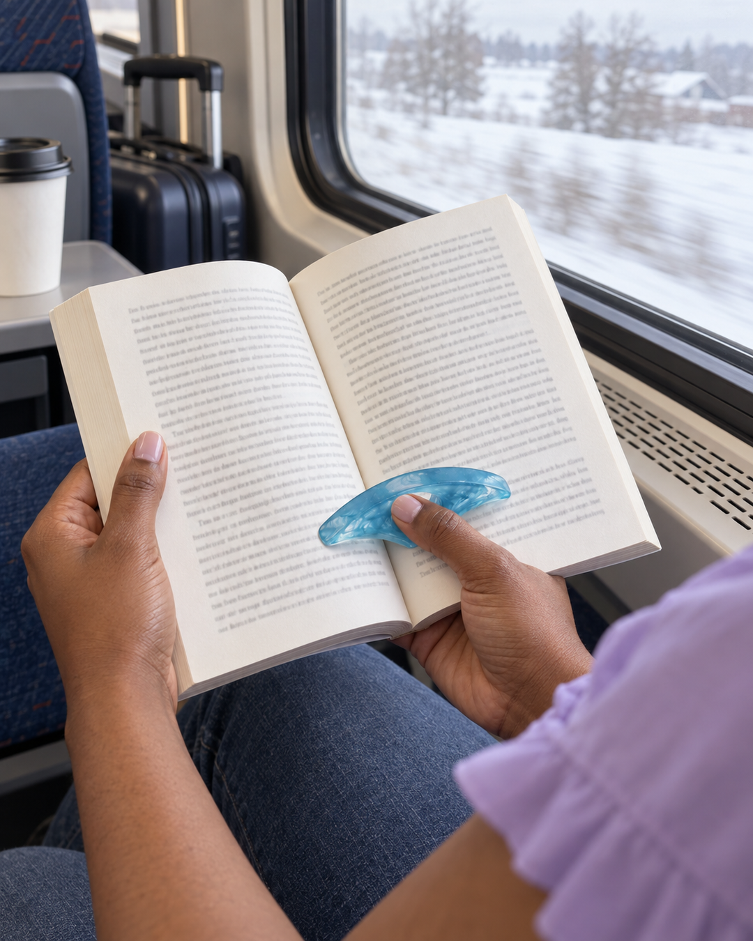 Blue resin thumb page holder holding a book open on a train