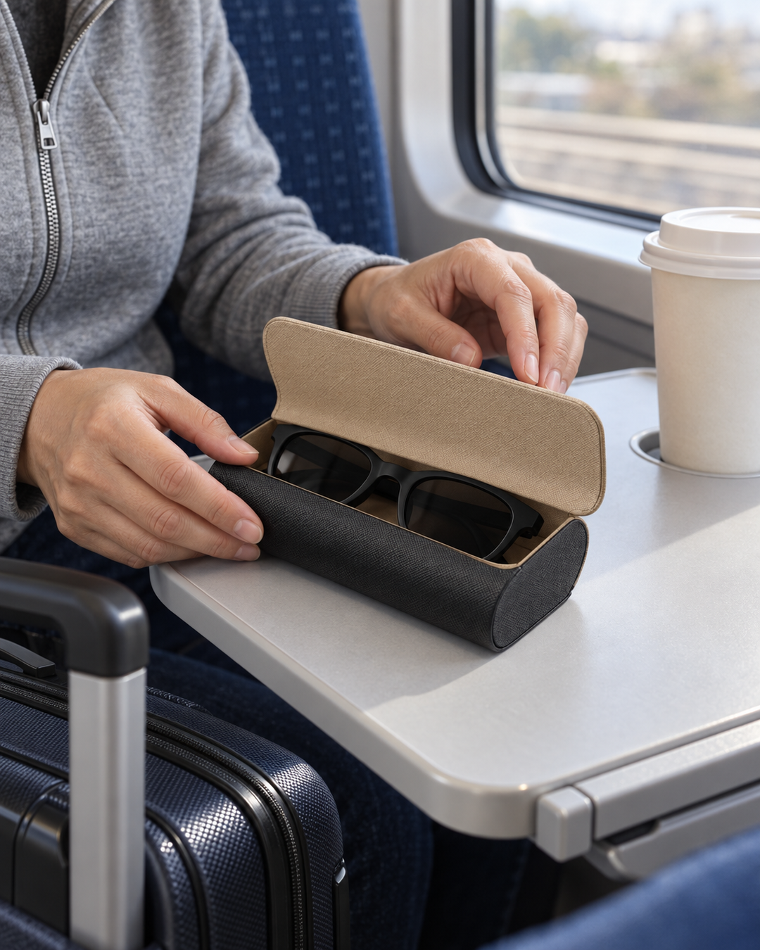 Two-tone glasses case closed with sunglasses on a train