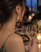 Opal-look teardrop earrings worn at dinner, rear view