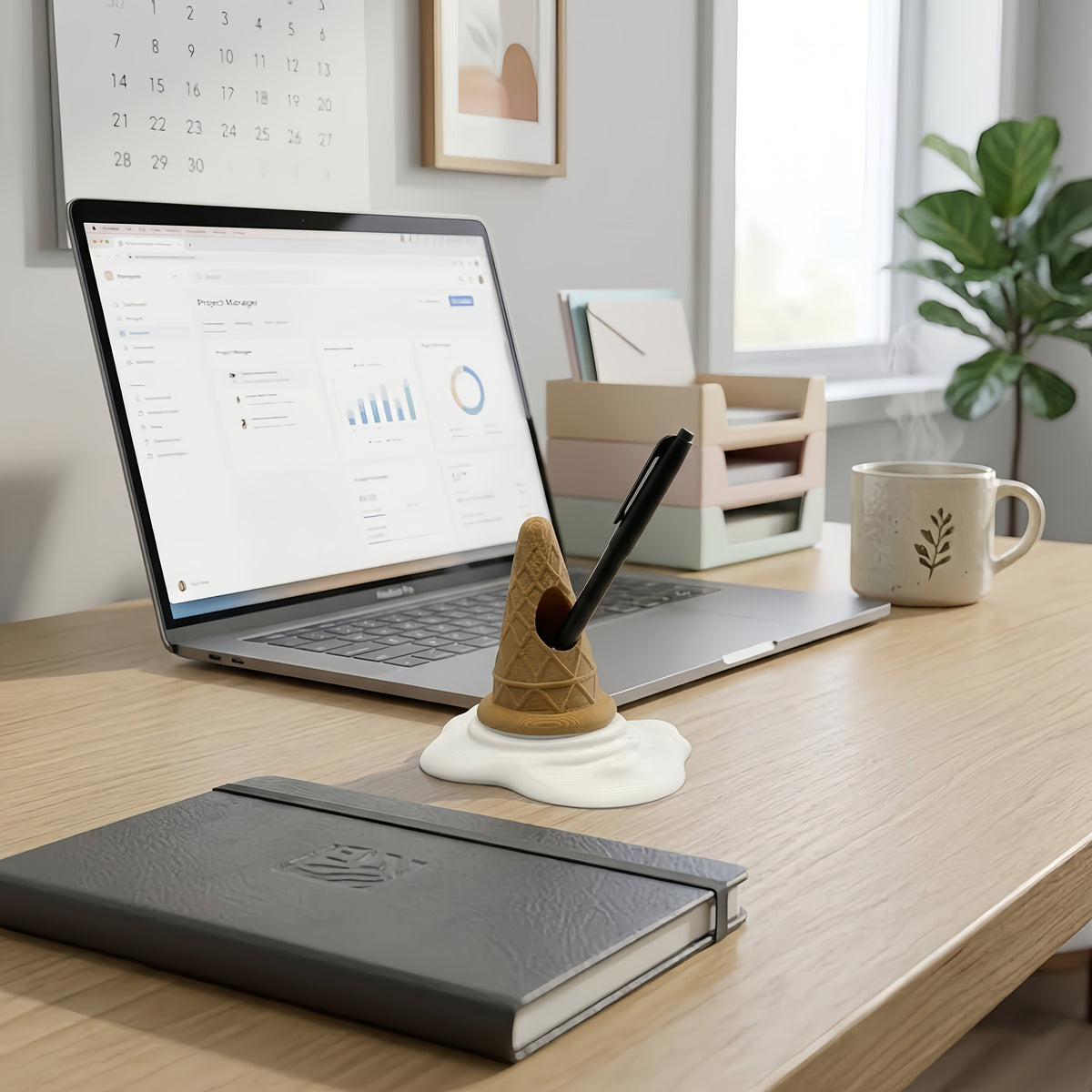 White Ice Cream Pen Holder holding one pen on a desk.